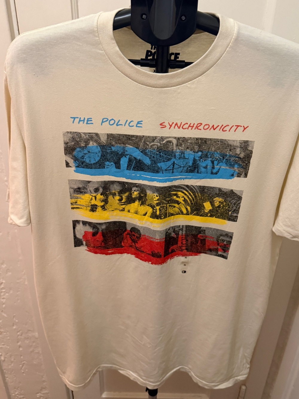 Police Cream Short Sleeve Tee with Blue, Yellow & Red Graphic
